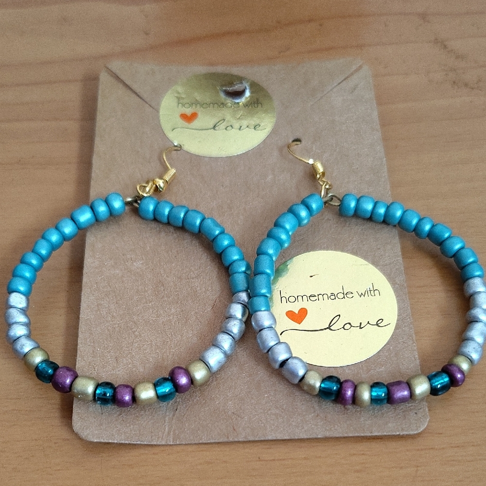 Gold and Blue Hoop Earrings with Beaded Design